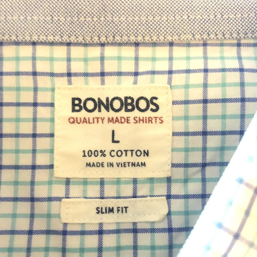 Bonobos Shirt Mens L Teal‎ Tattersall Plaid Button Down Long Sleeve Slim Fit